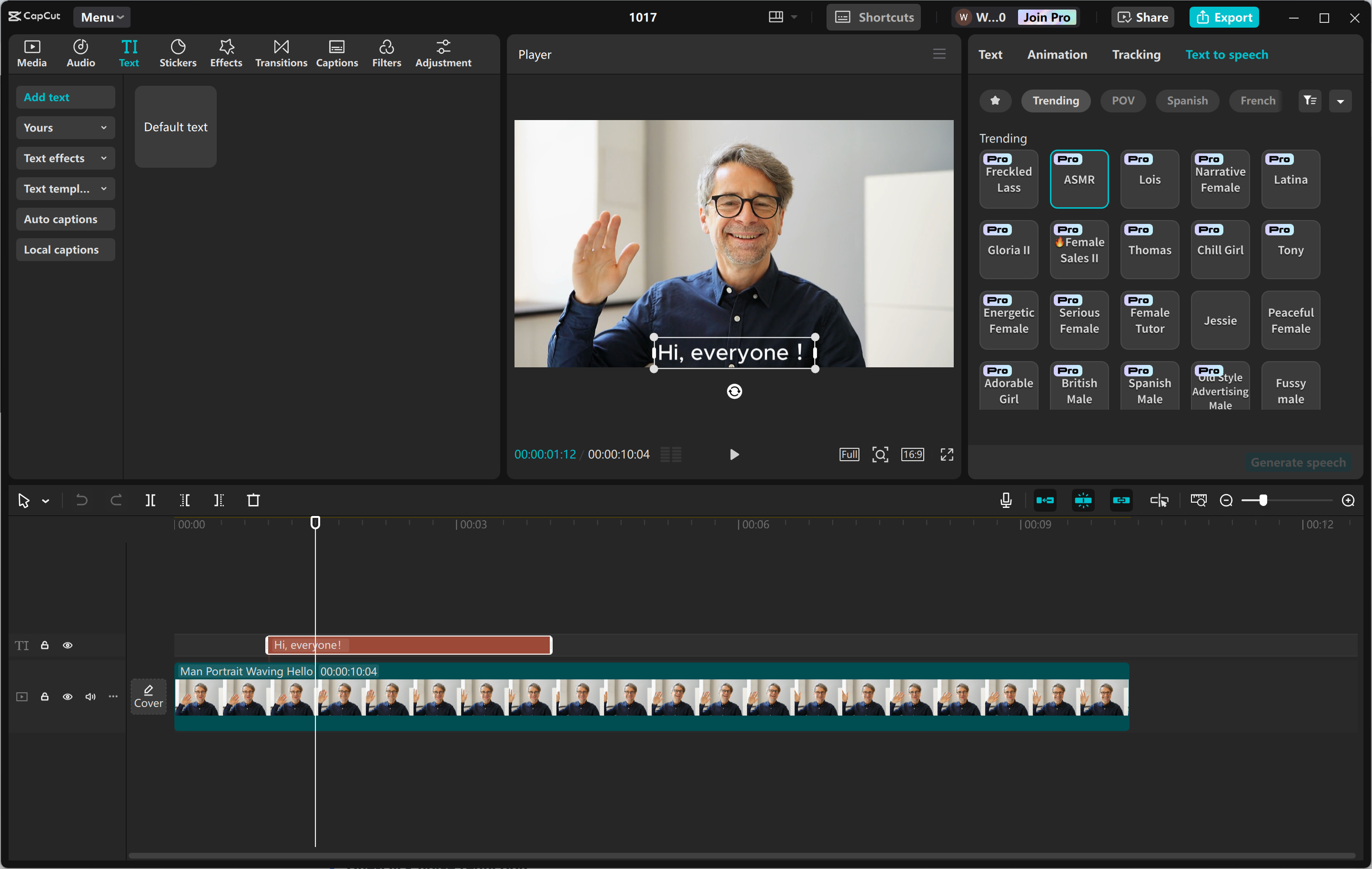 Antarmuka editor video desktop CapCut - alat yang efisien untuk menghasilkan suara AI untuk video