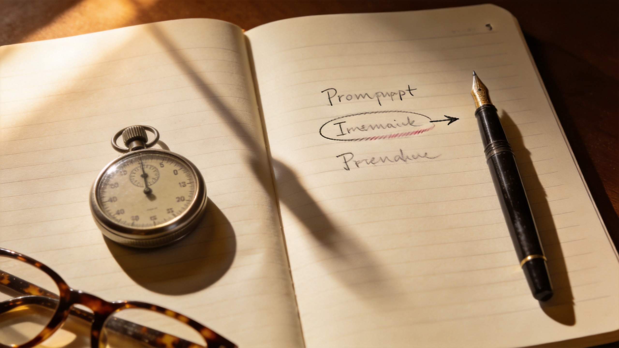Notebook with handwritten prompt notes, a stopwatch, and a fountain pen on the page