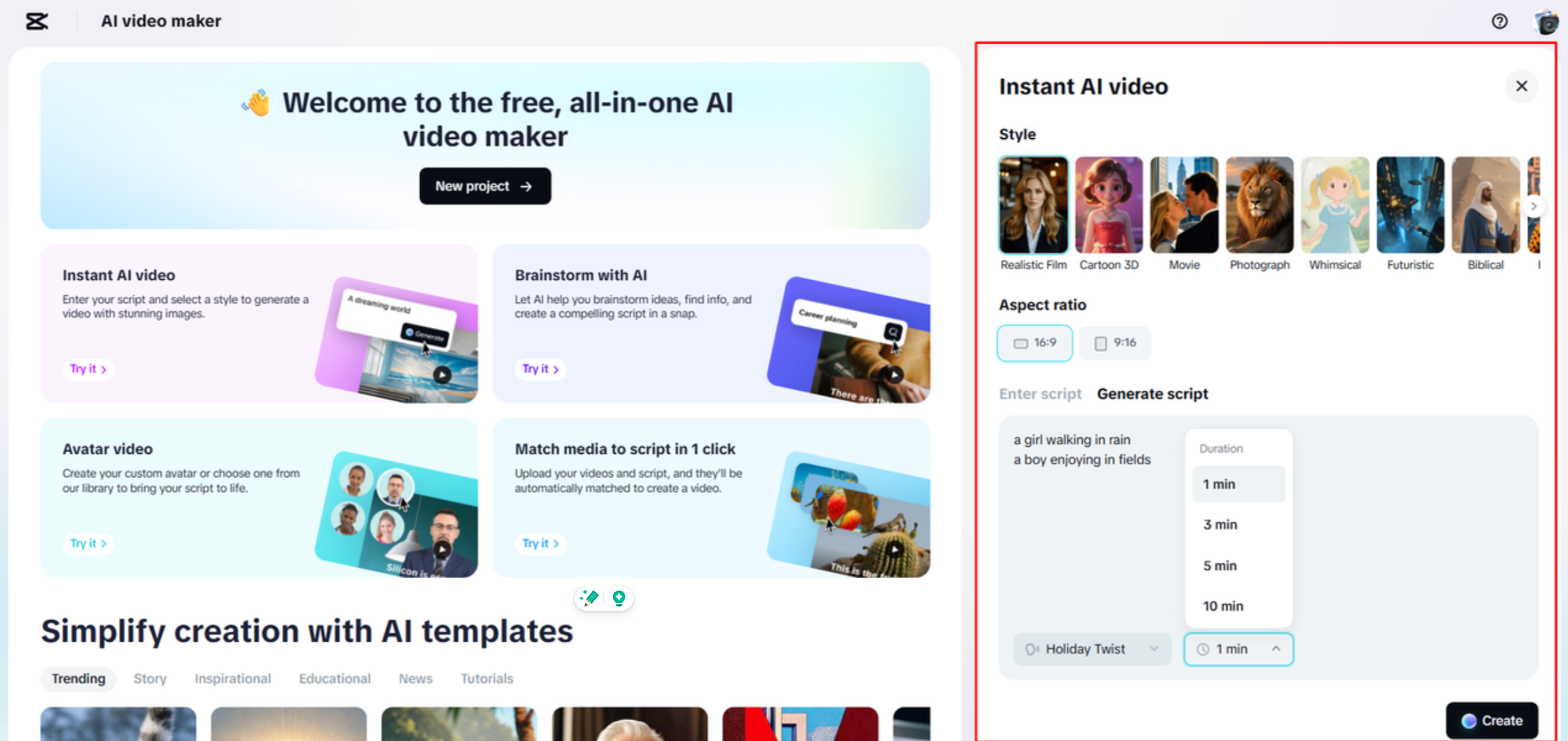 Generating a script and video with CapCut Web 