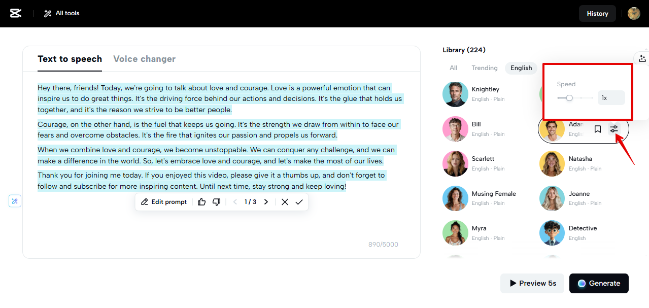 CapCut Web voice speed