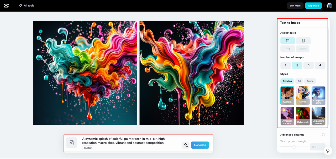 Generating image description on CapCut Web