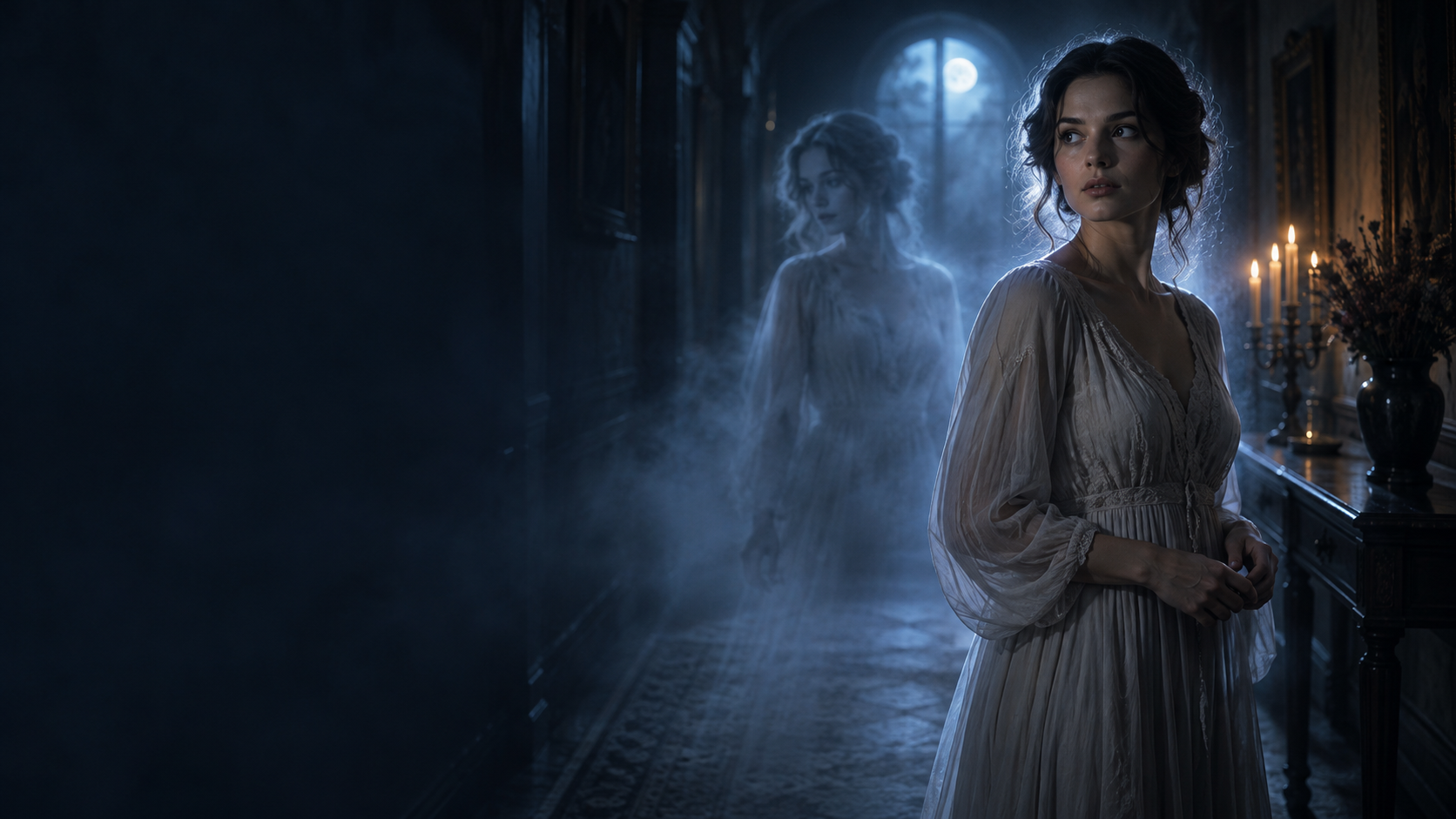 Moonlit Spectral Double: A fictional adult woman in a moonlit hallway, with a translucent spectral double several steps behind her, cool blue mist, soft candles and photographic realism.