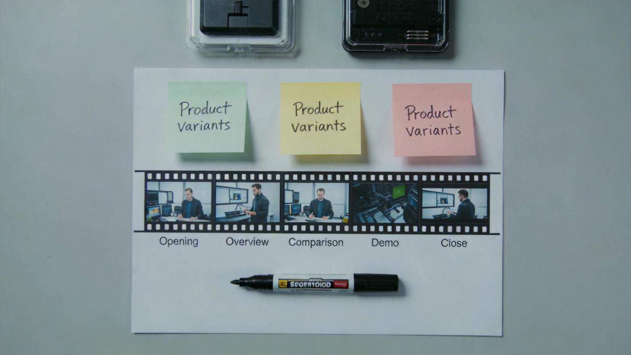 Sticky notes labeled product variants above a film strip storyboard with opening, overview, comparison, demo, and close