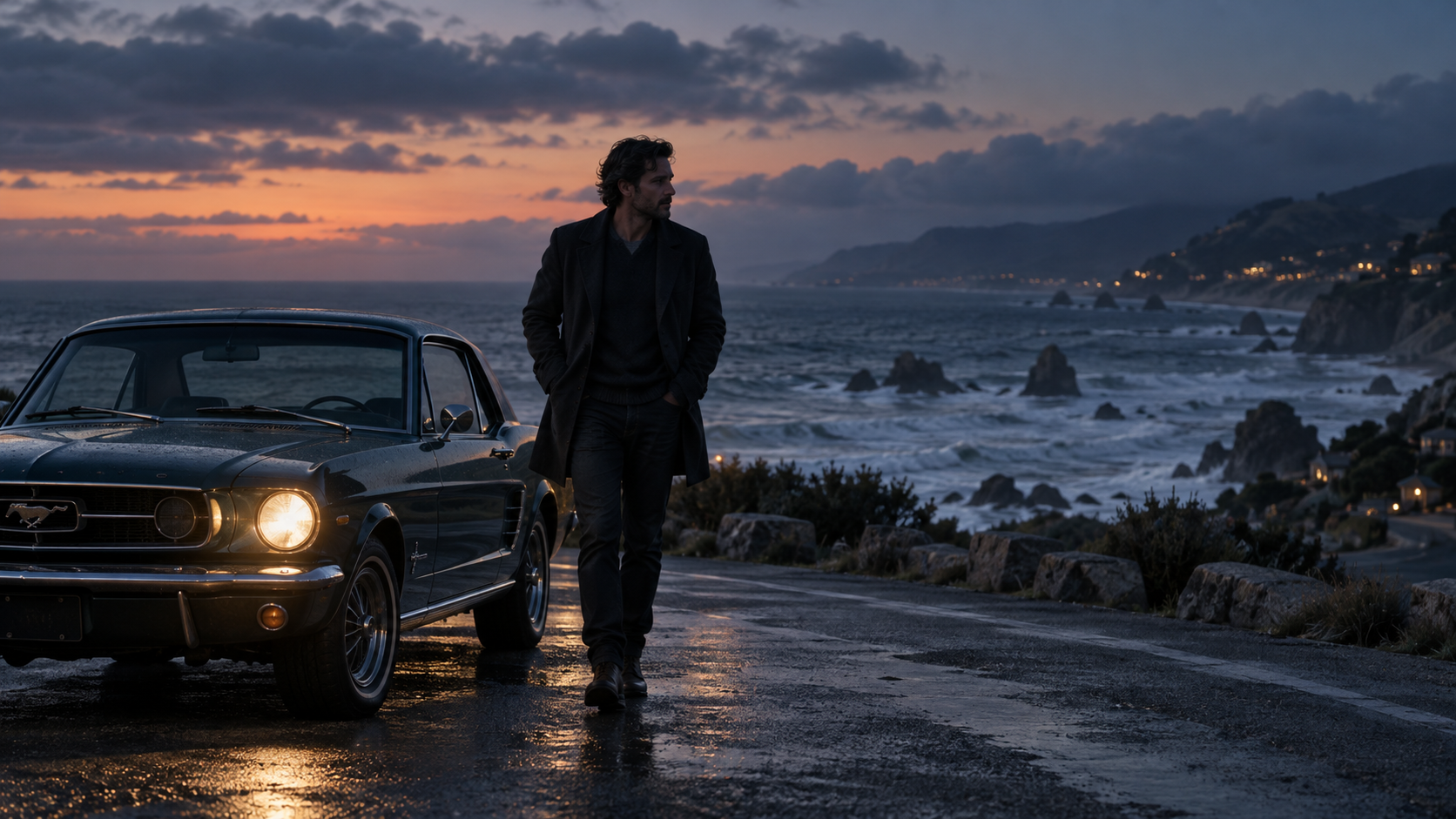 Coastal Night Drive Story Scene example for ai music video real artist 2026