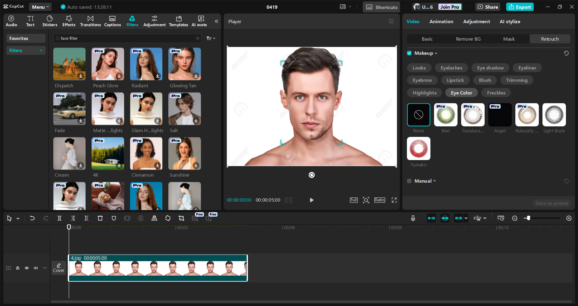 Interface of the CapCut desktop video editor - an easy way to change eye color in photos