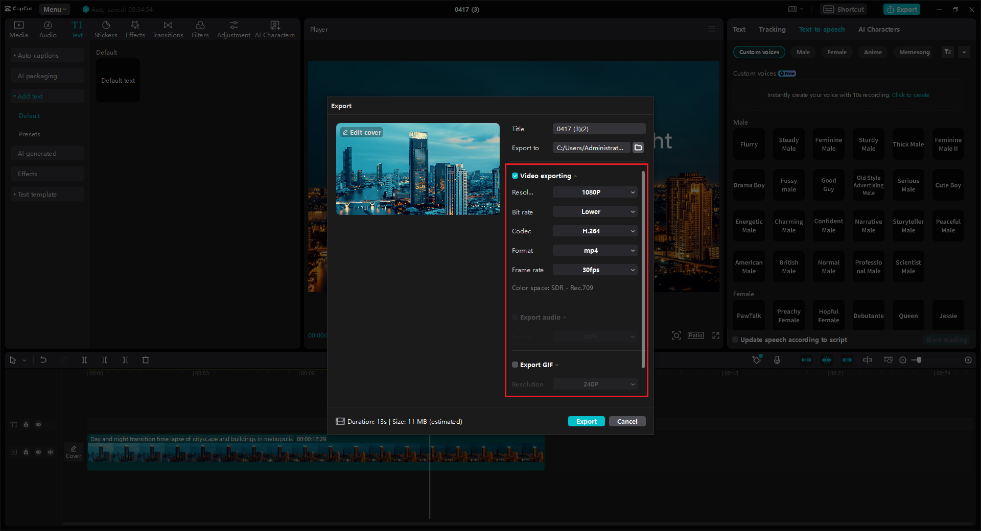 Export settings