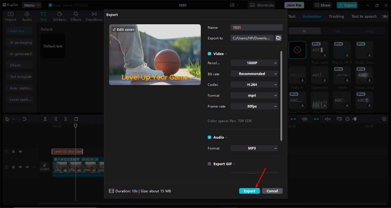 Exporting video after adding kinetic text animation in the Capcut desktop video editor 