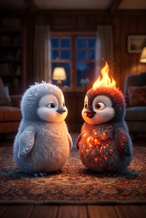 Two cute penguin chicks, one icy white and one fiery black, stand on a rug in a cozy room.