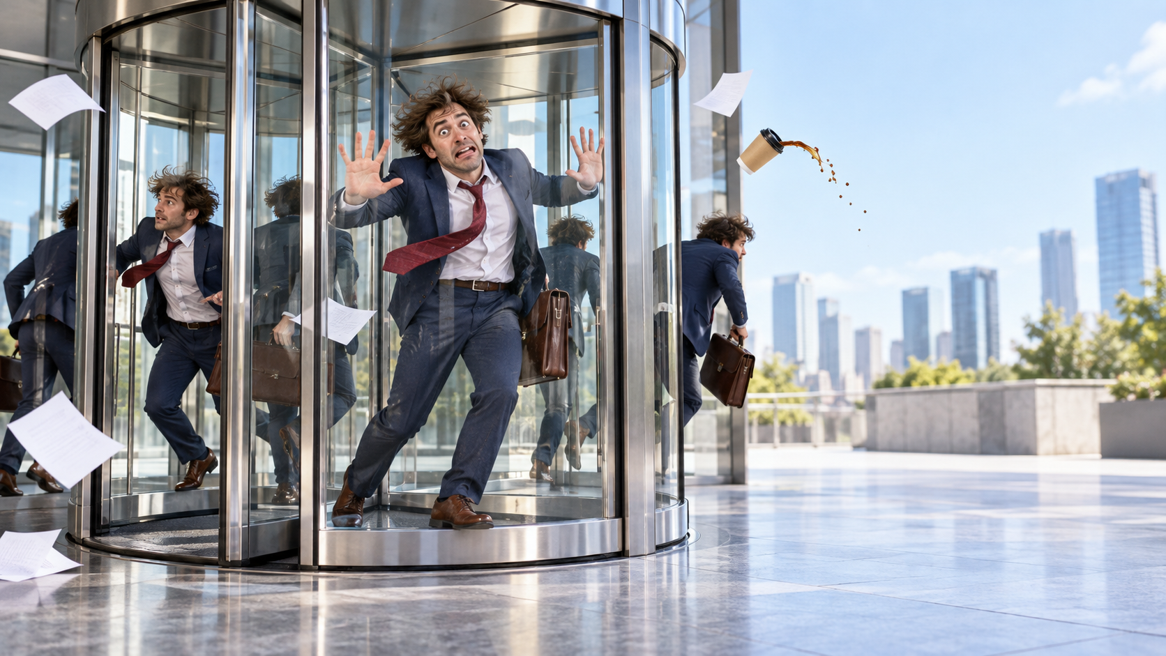 Revolving door meme prompt image — Comedic exit freeze-frame