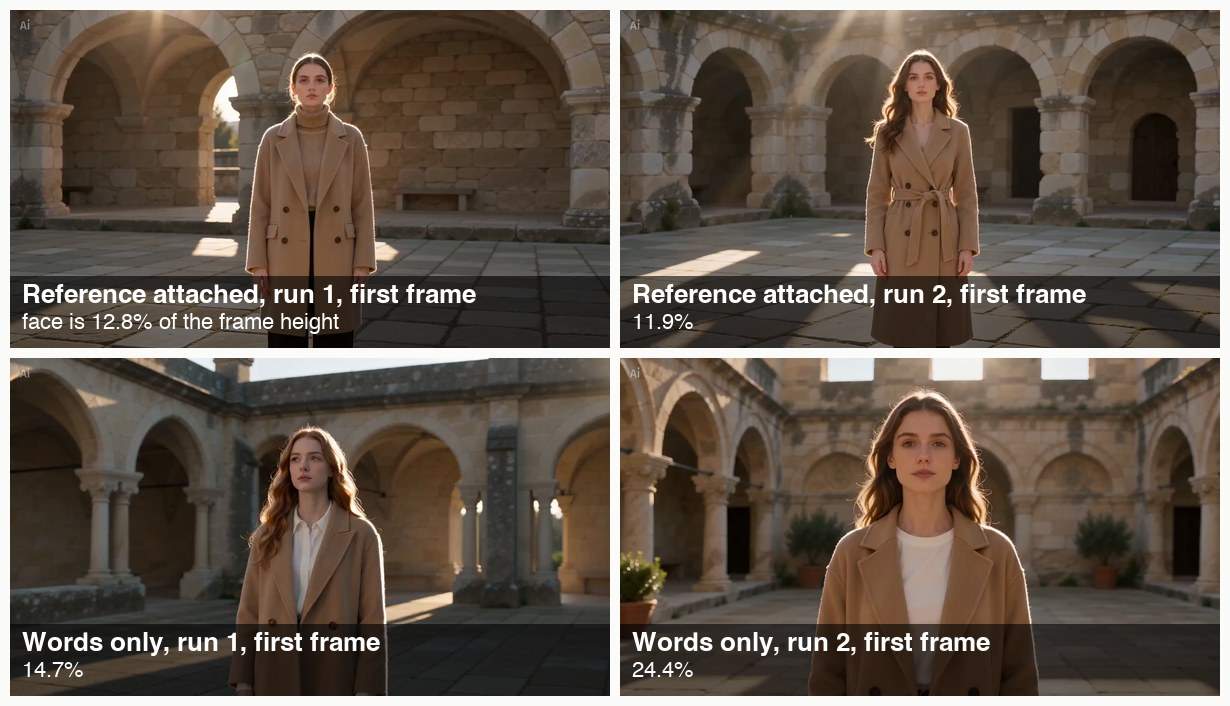First frames of four clips: two reference-driven clips framed at about knee height with similar face sizes, and two words-only clips, one framed at the waist and one at the chest.