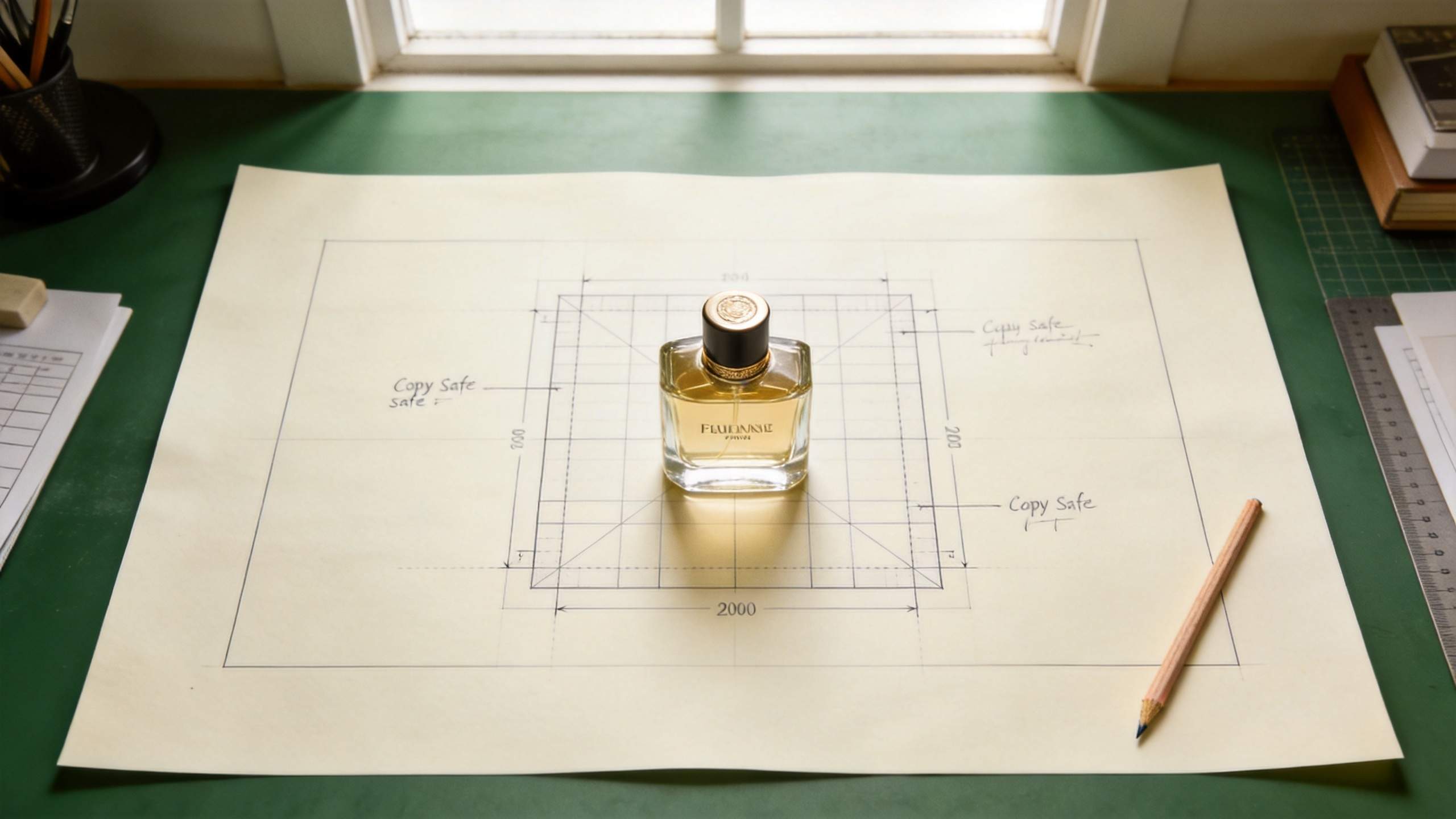 Perfume bottle centered on a layout sketch with copy-safe guides and measurement lines