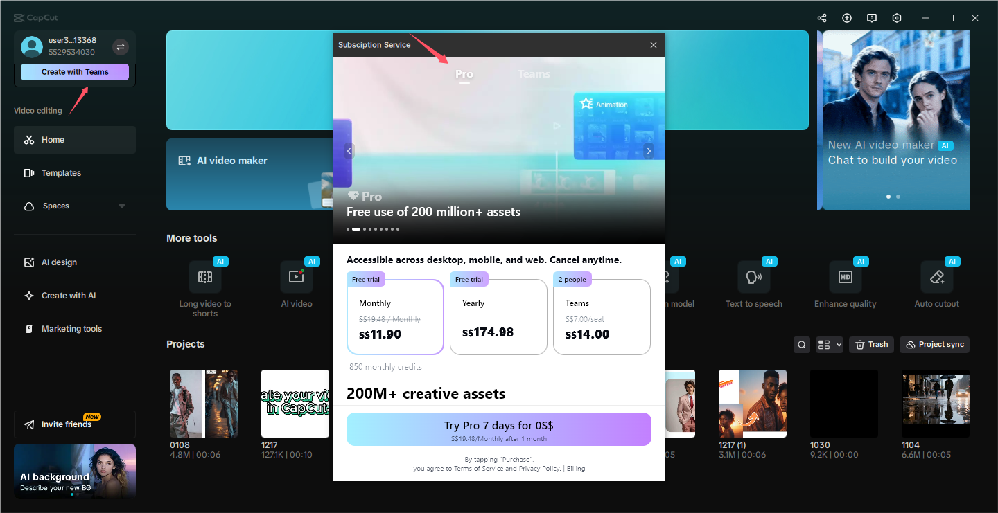 Join the CapCut Pro free trial on PC