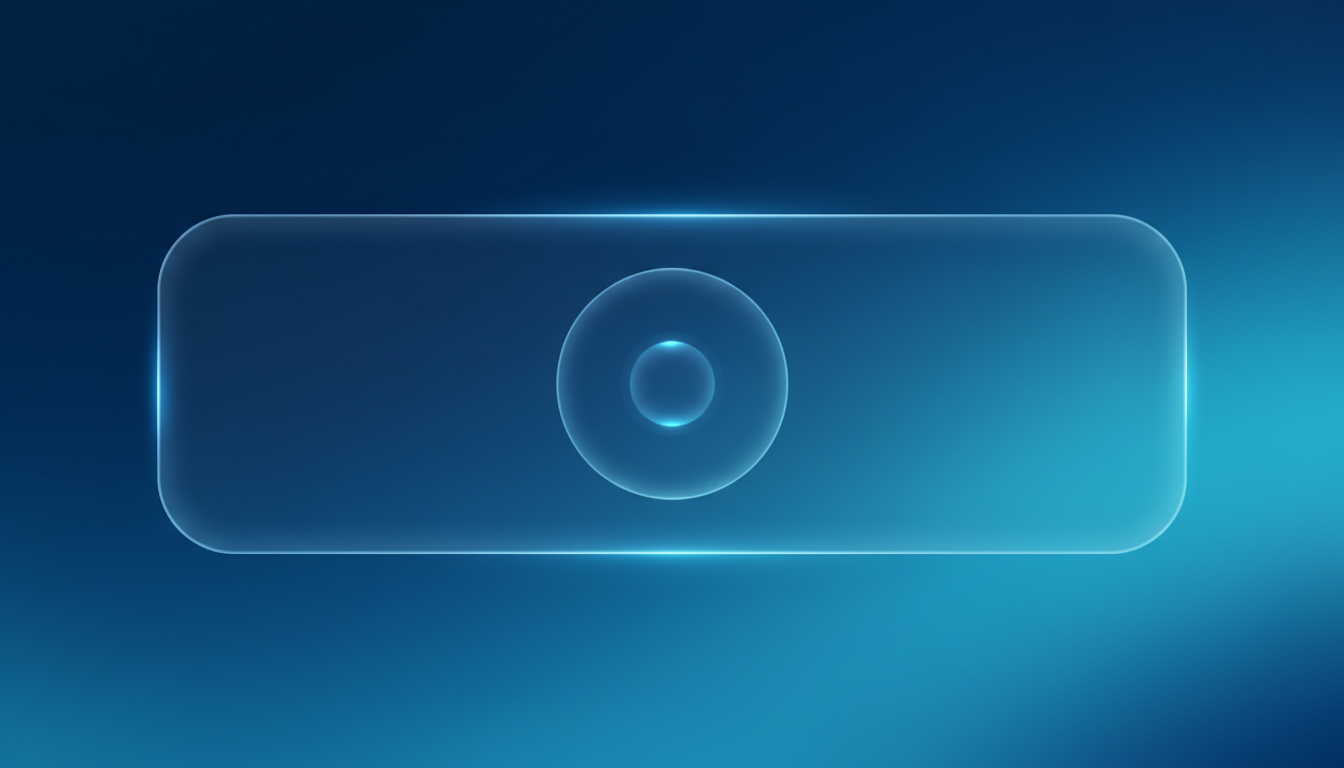 Glassmorphism tech brand Twitter header with frosted center panel on a deep blue-to-cyan soft gradient, 3:1 safe-area layout.