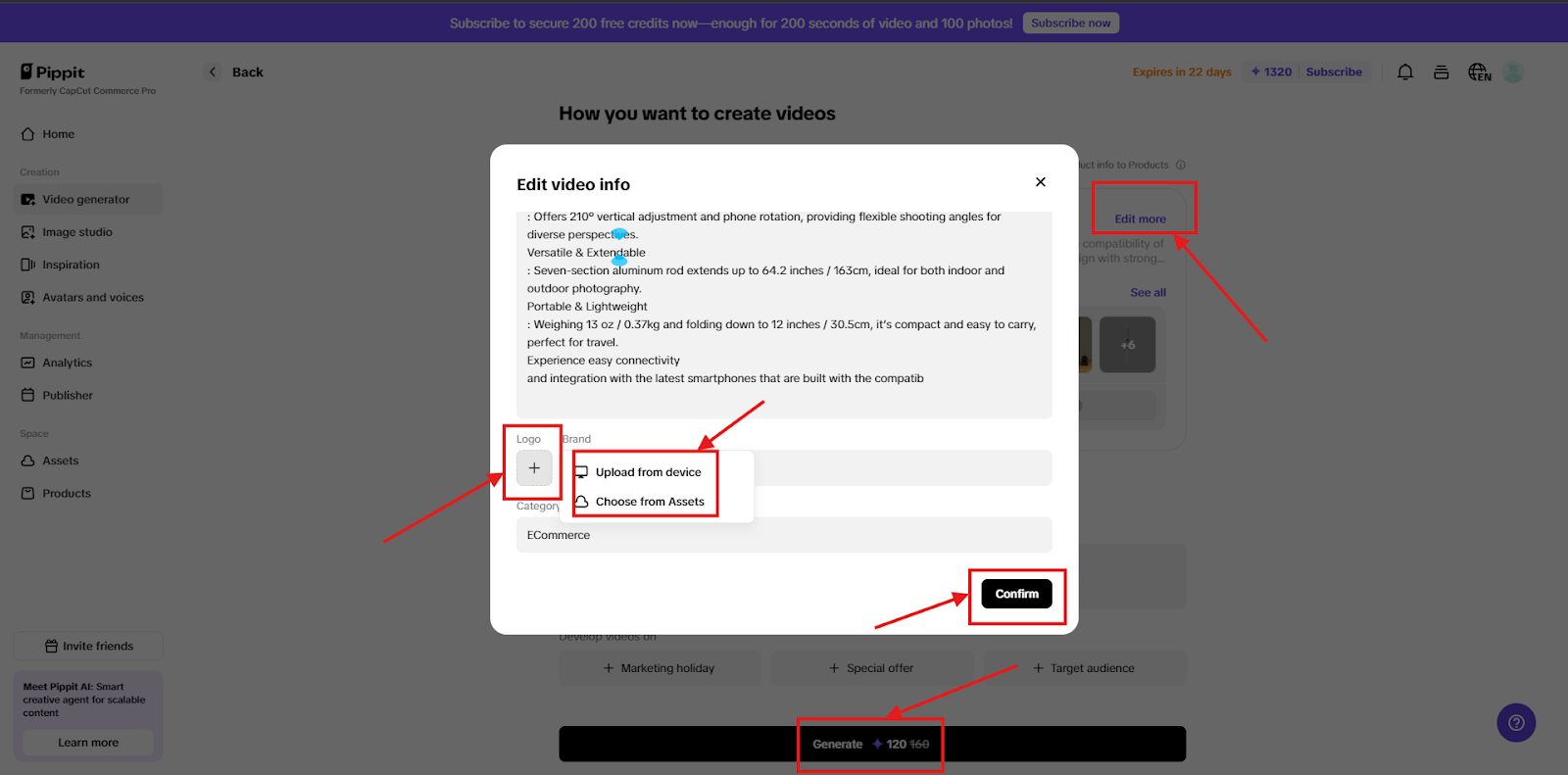 Screenshot showing automated description generated by pippit using the images that have been uploaded.