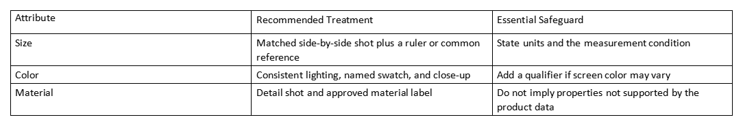 Table listing product attributes, recommended treatments, and essential safeguards for size, color, and material.
