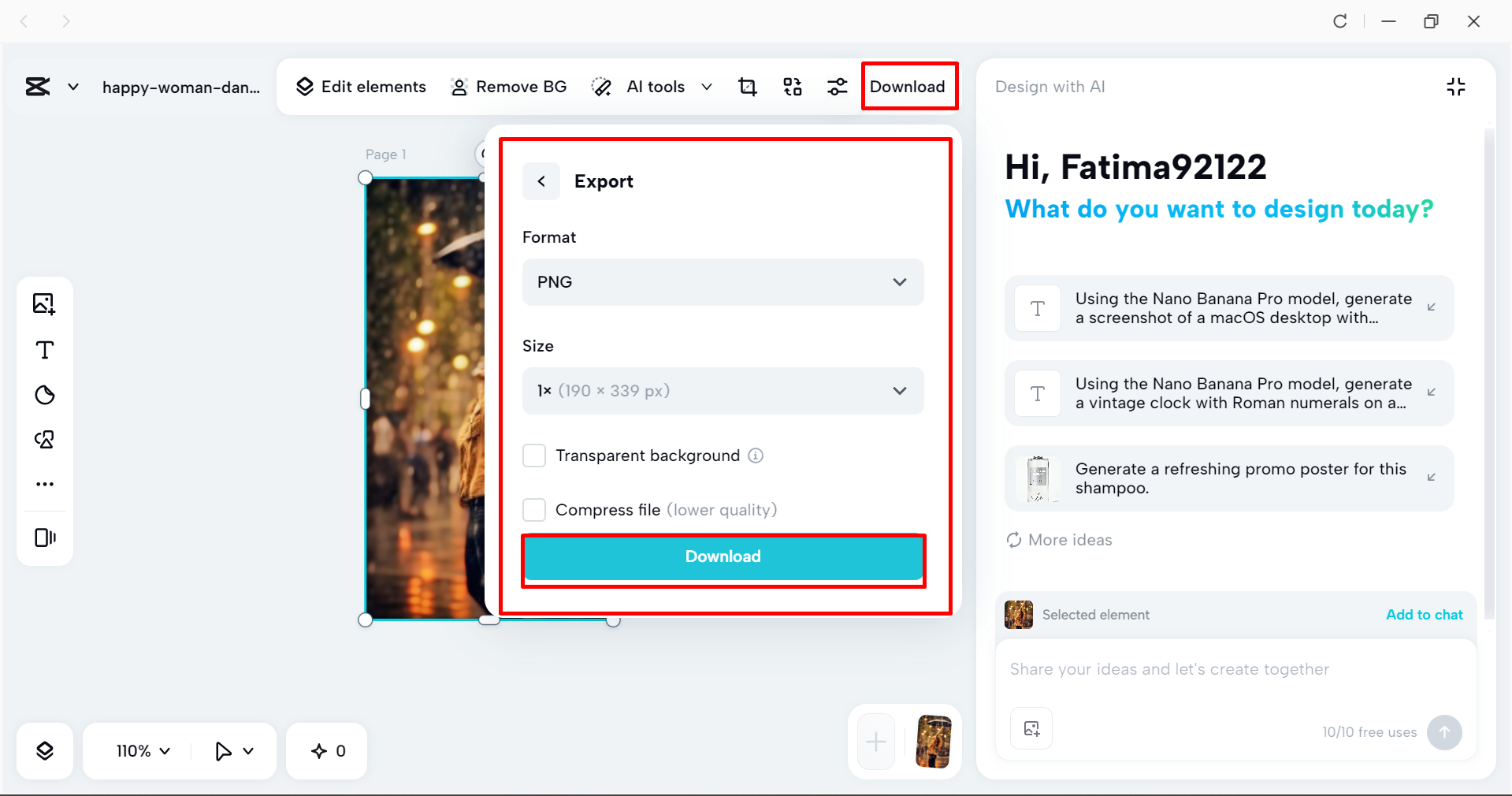 Downloading the image from the CapCut desktop video editor