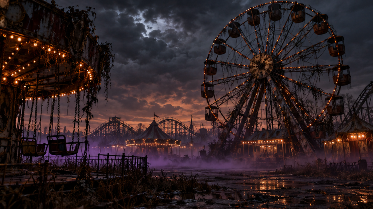 Abandoned amusement park with a giant rusted Ferris wheel, dark cloud sky, orange bulbs and low violet fog, no readable signs