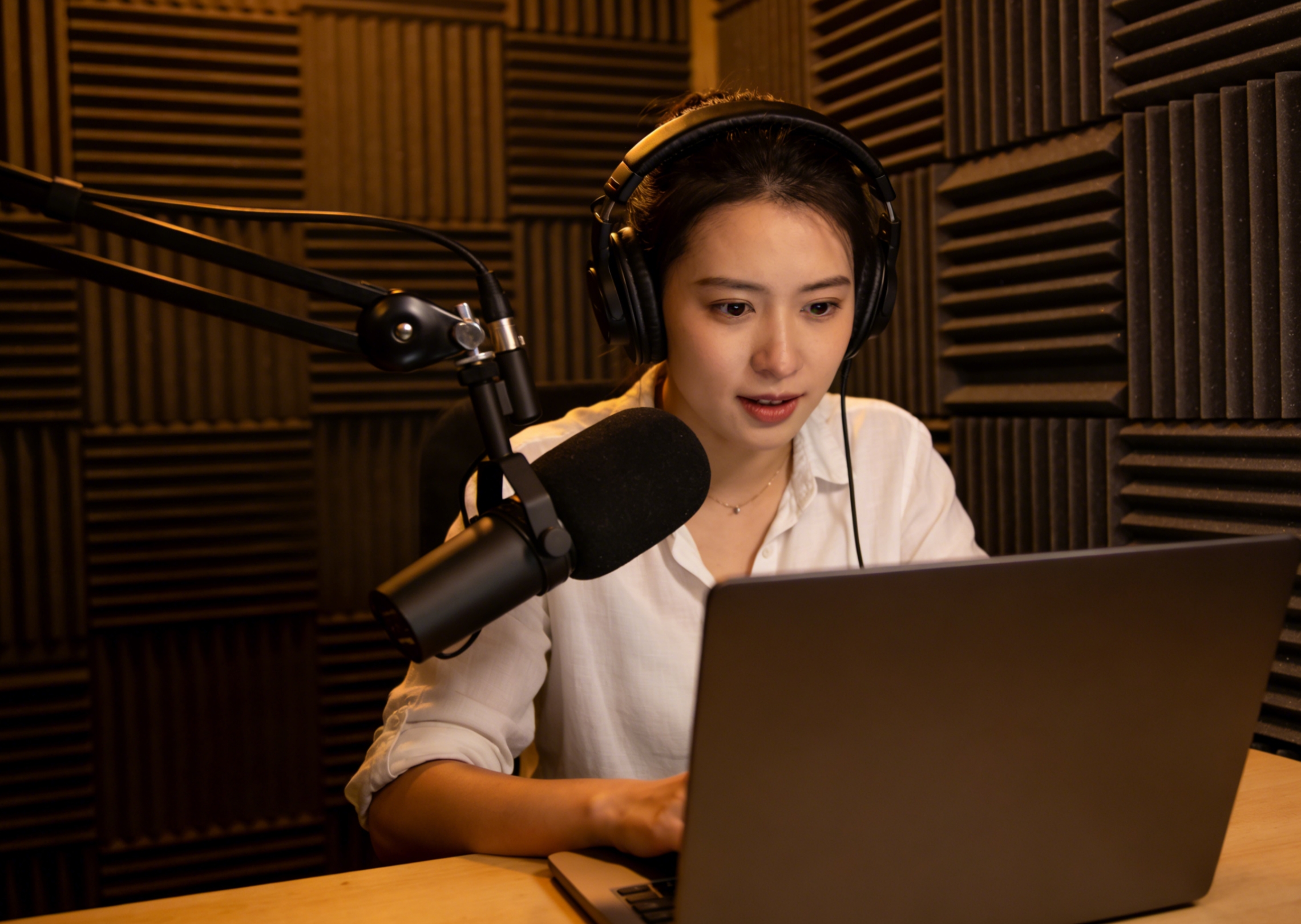 Erzeugen Sie einen Voice-over-Ton einer Podcast-Moderatorin, die in einem ruhigen, klaren und professionellen Ton spricht