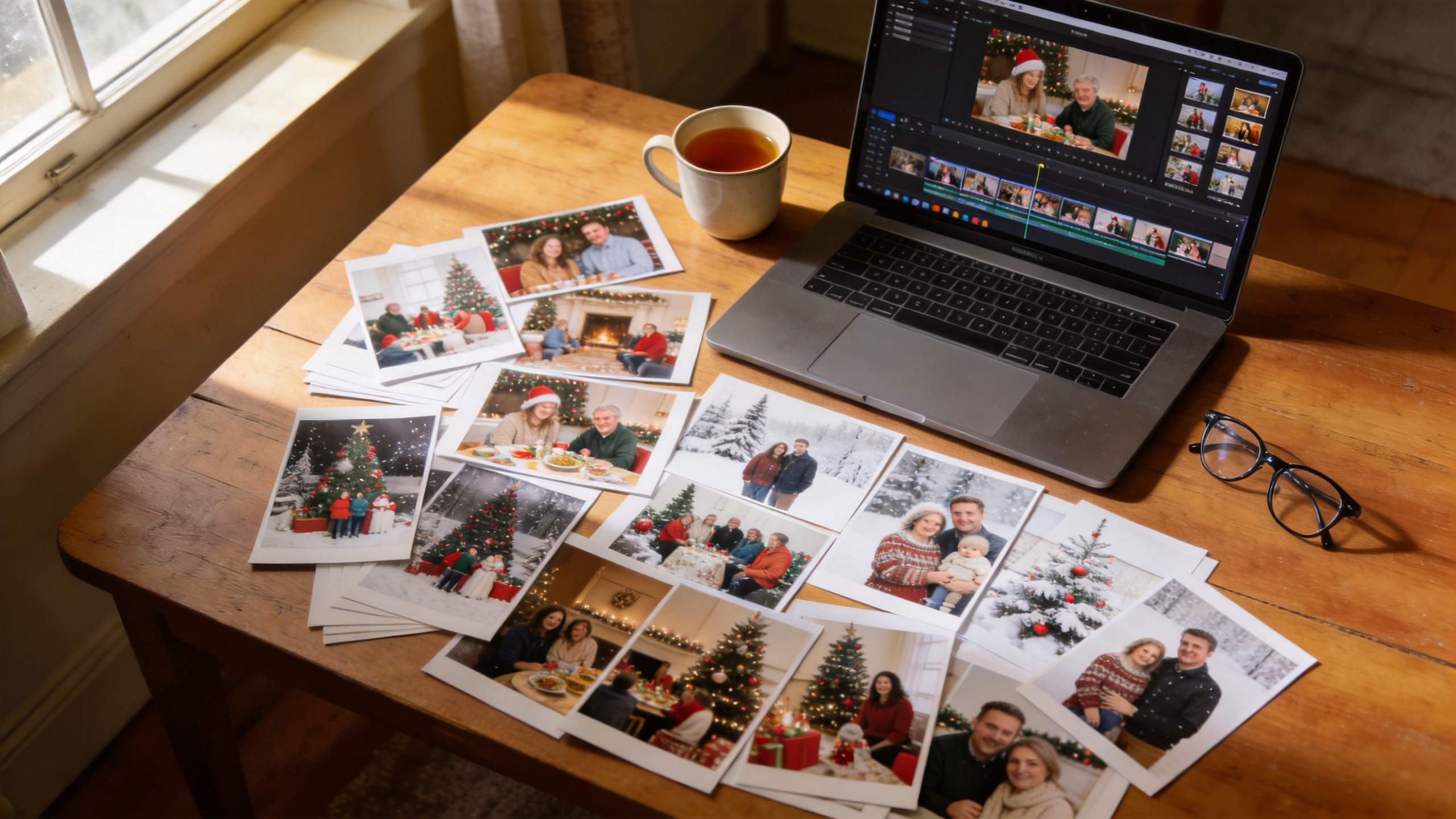 Laptop editing a holiday slideshow beside printed Christmas family photos on a wooden table