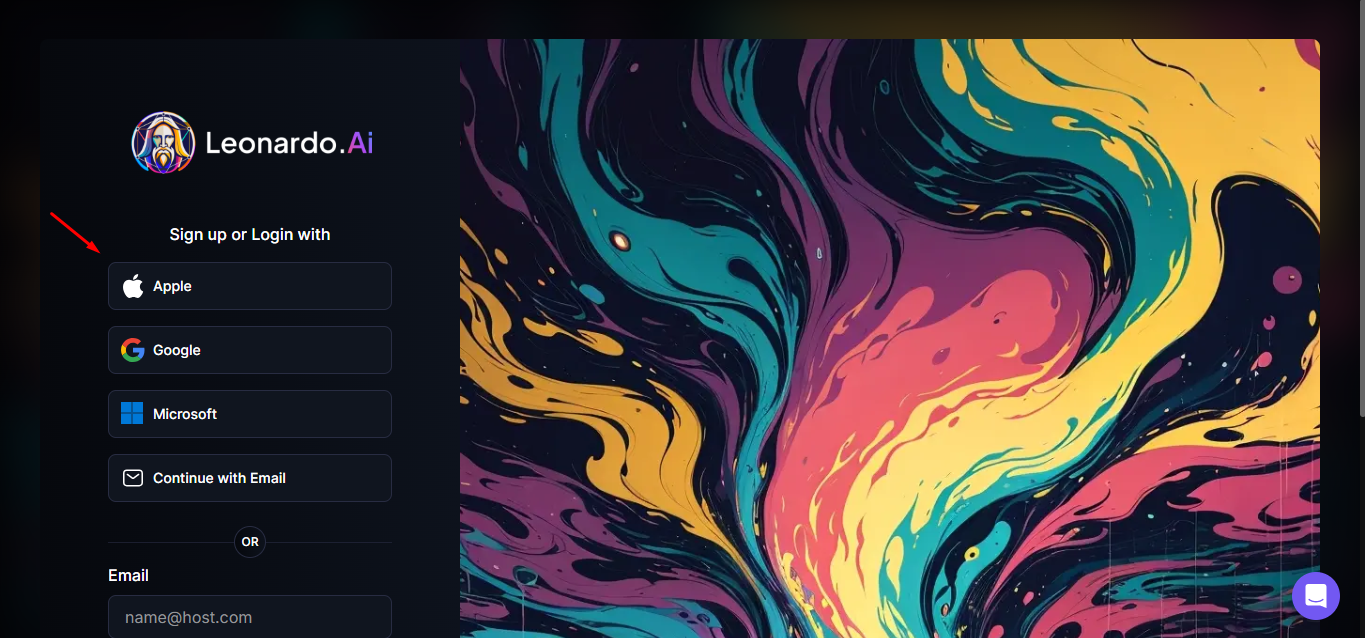 Leonardo AI login options using Google, Microsoft, or Email