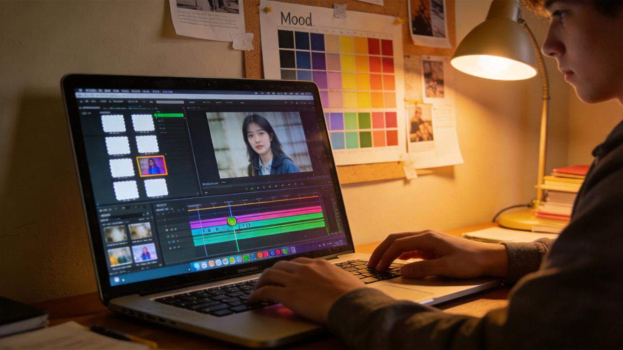 Student editing a video on a laptop at a desk under a lamp