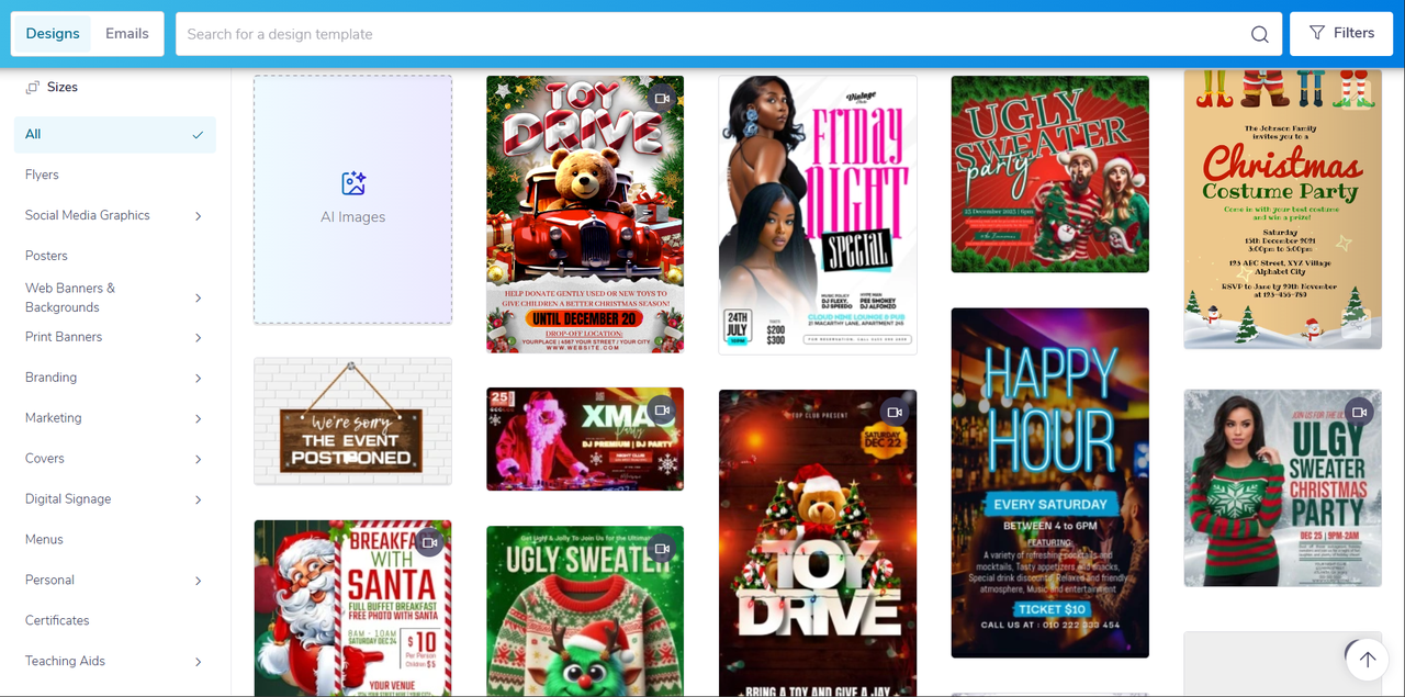 Interface of PosterMyWall - a site with diverse Christmas day posters