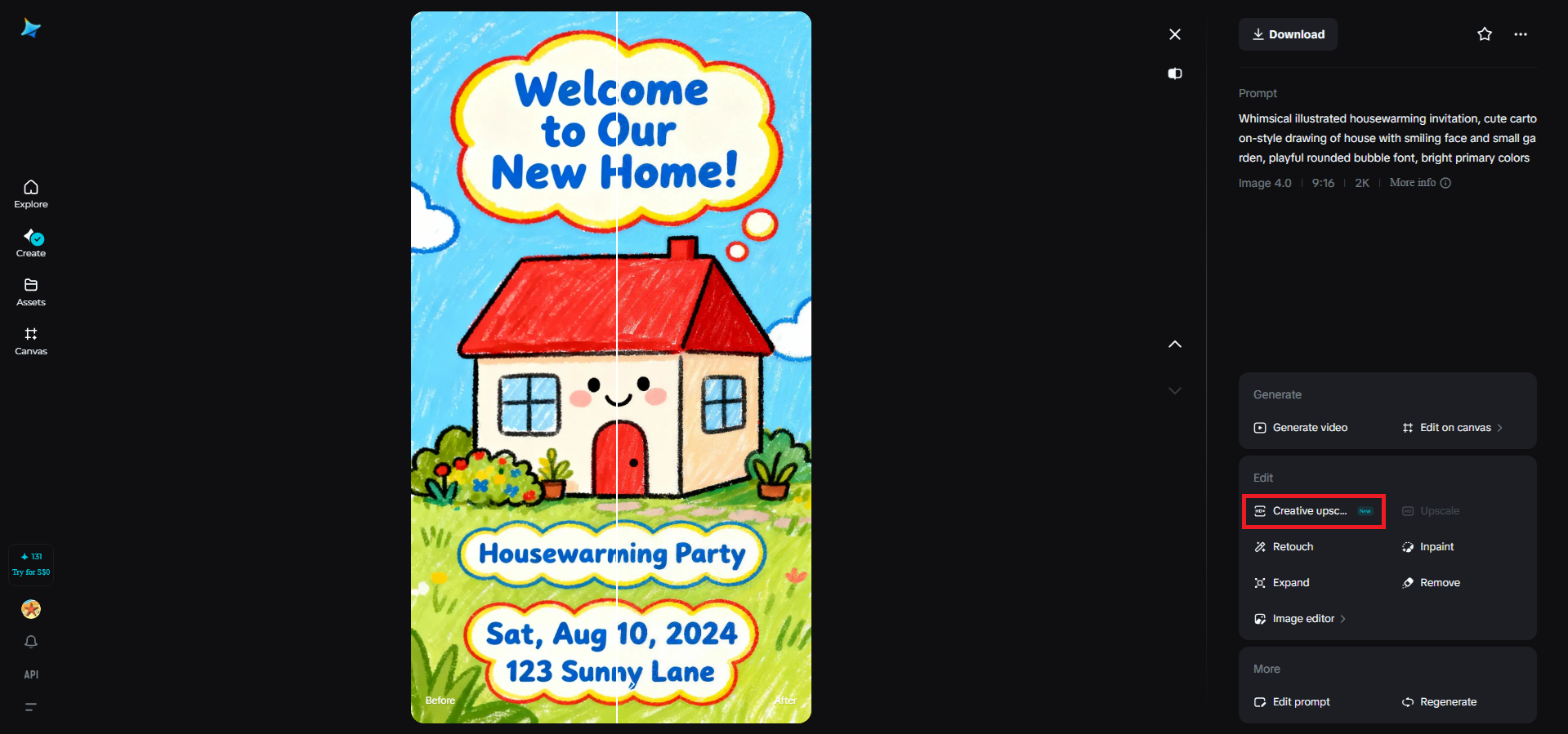 Creative upscale feature in Dreamina