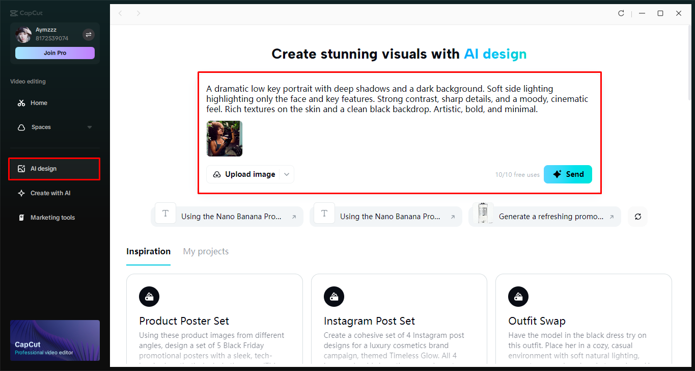 Accessing the AI design tool in the CapCut desktop video editor