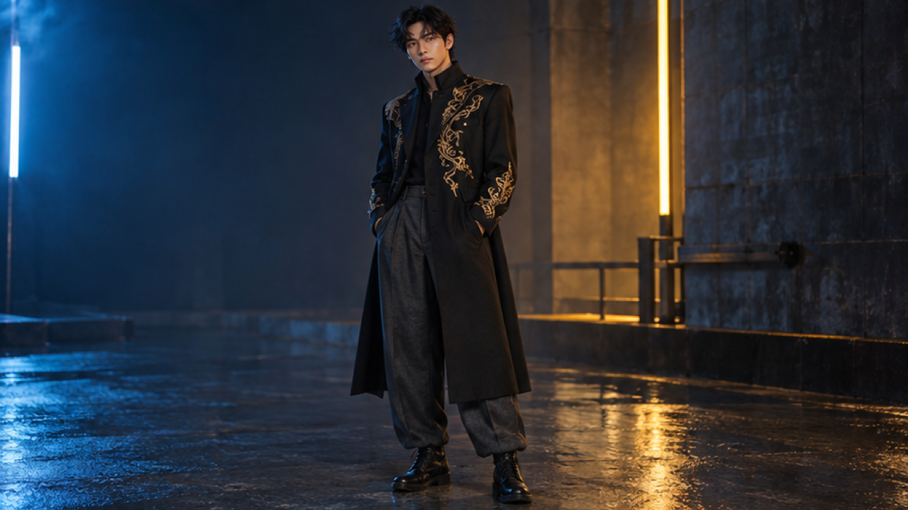 16:9 premium full-body adult fashion portrait, original adult man in long black uniform-inspired coat with abstract gold embroidery high collar loose charcoal trousers and plain boots, quiet blue amber neon studio street, realistic cloth manga-inspired mood, no insignia text or weapons.