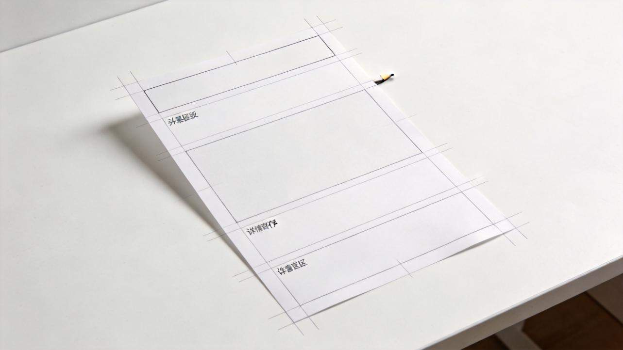 Flyer layout sketch on white paper with labeled sections and a pencil