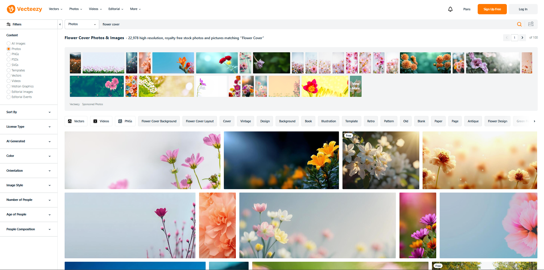 Interface of Vecteezy - a place to find flower Facebook cover photos