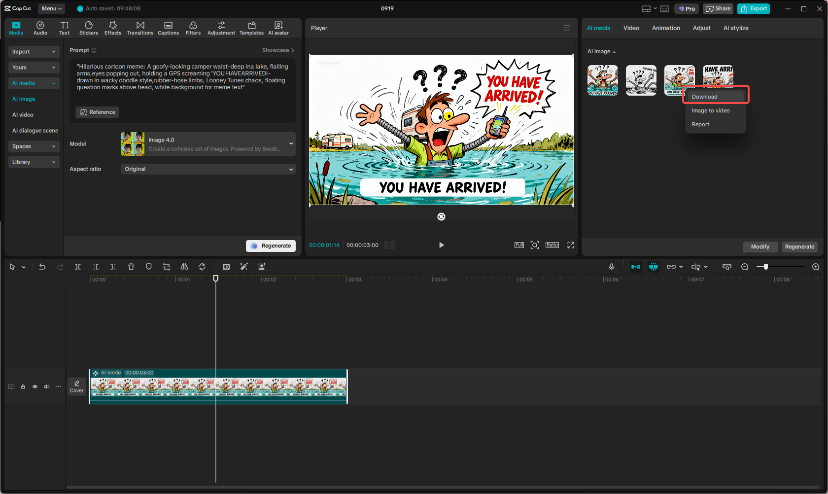 Exporting the camping meme in CapCut