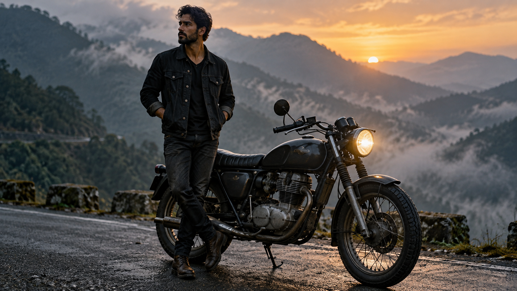 a moody portrait beside an unbranded classic road motorcycle, with safe parked positioning, mechanical detail, and strong environmental light