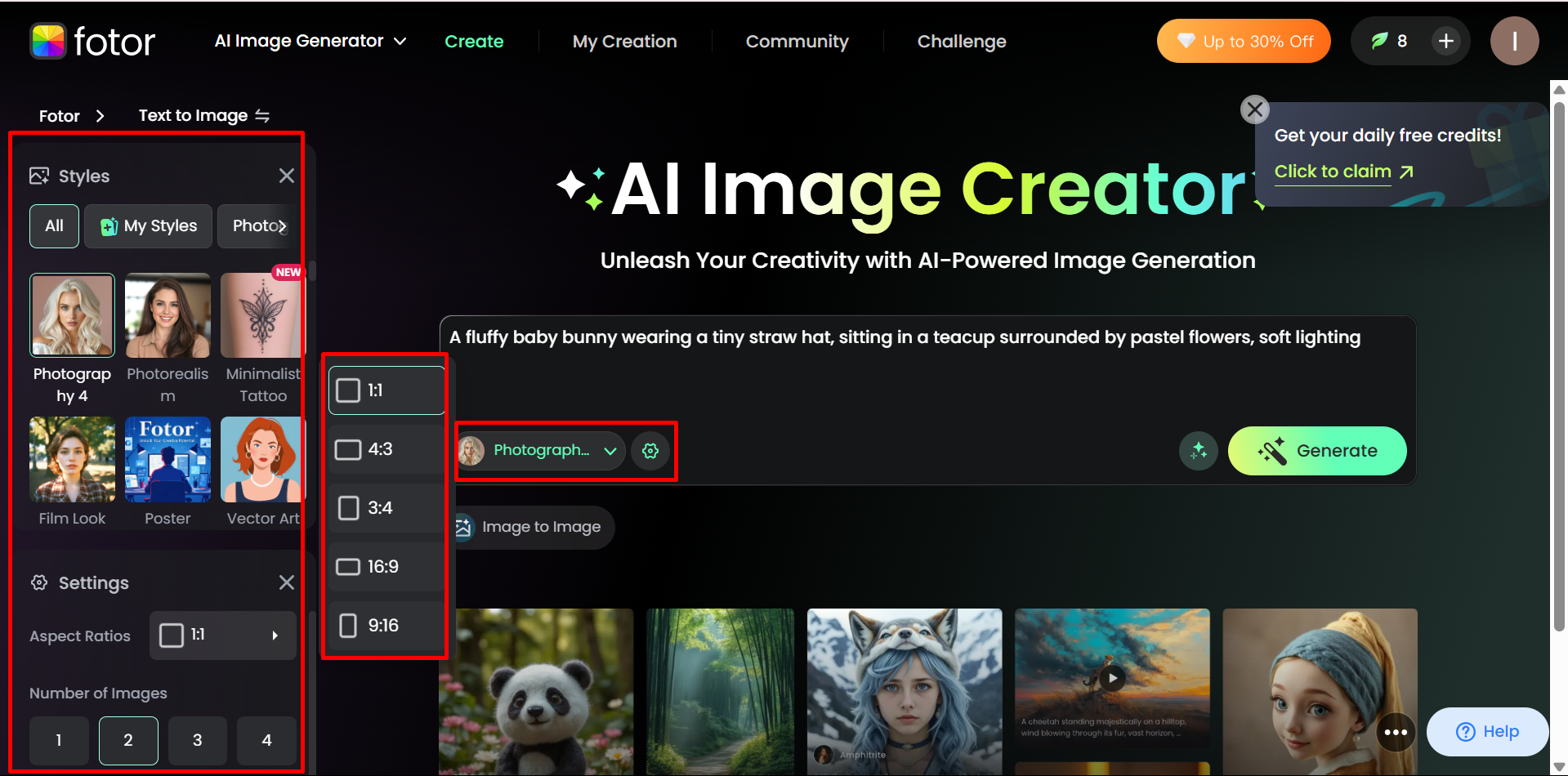 Customizing image style in the Fotor AI image generator