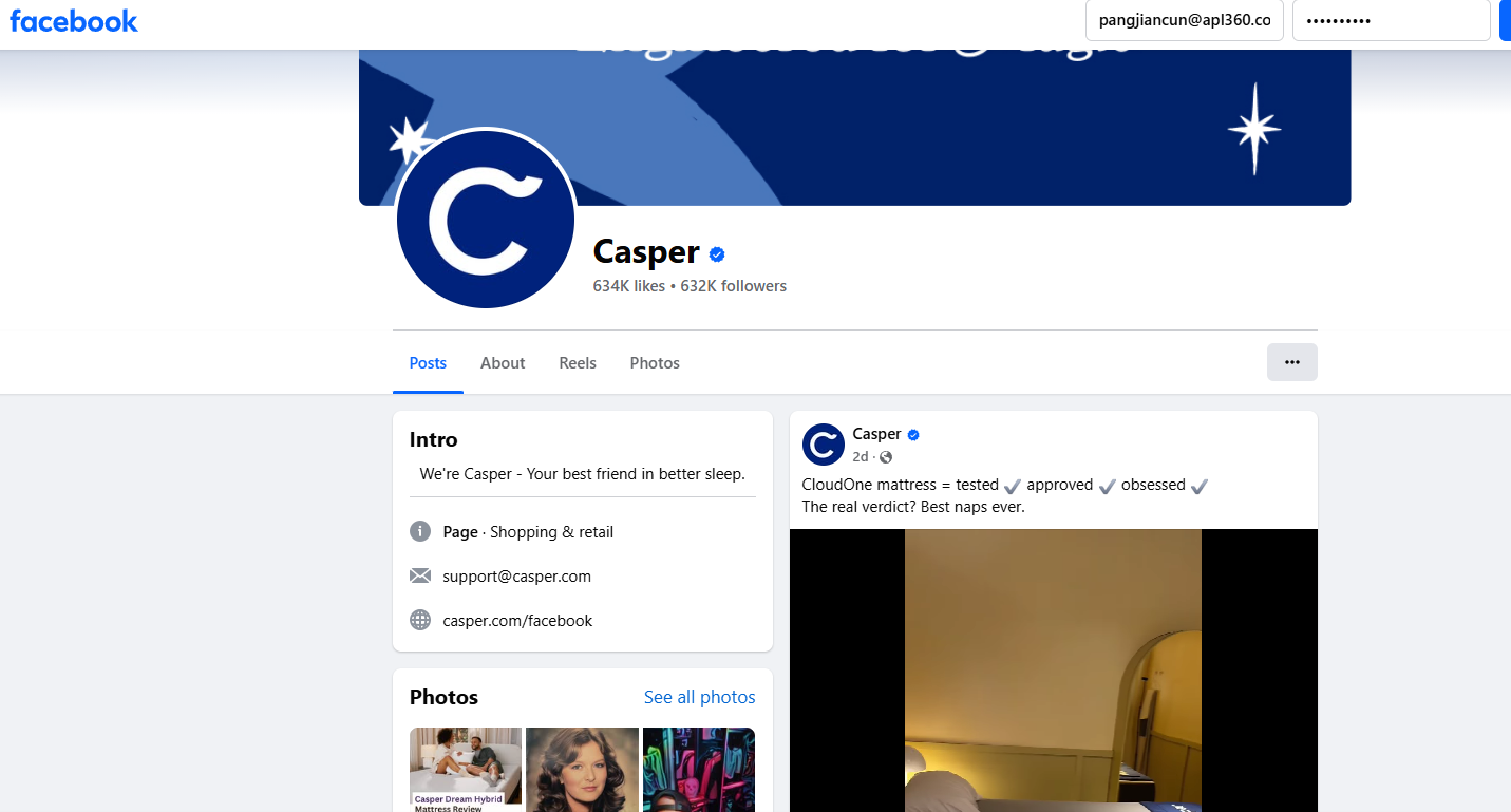 Casper mattress Facebook ads