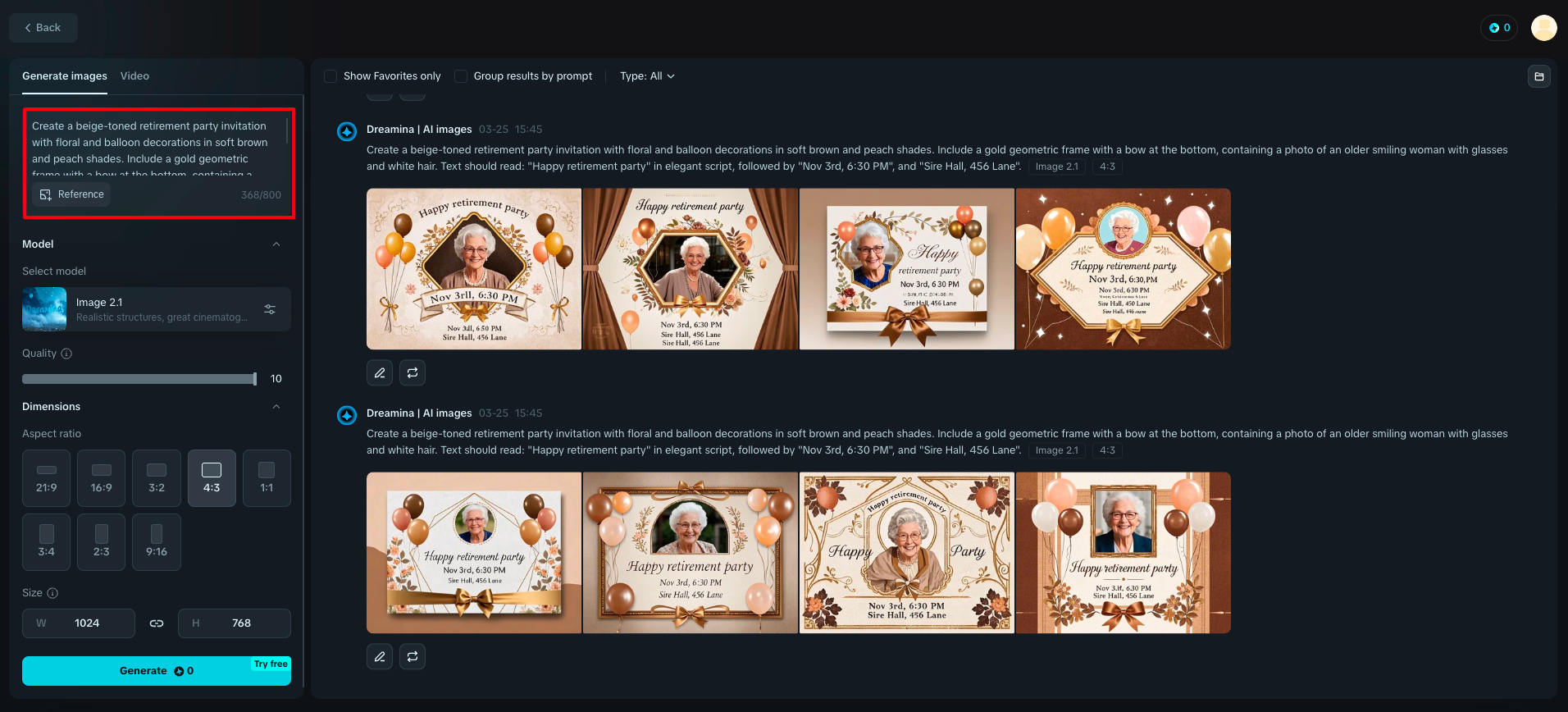 Dreamina: retirement party flyer prompt