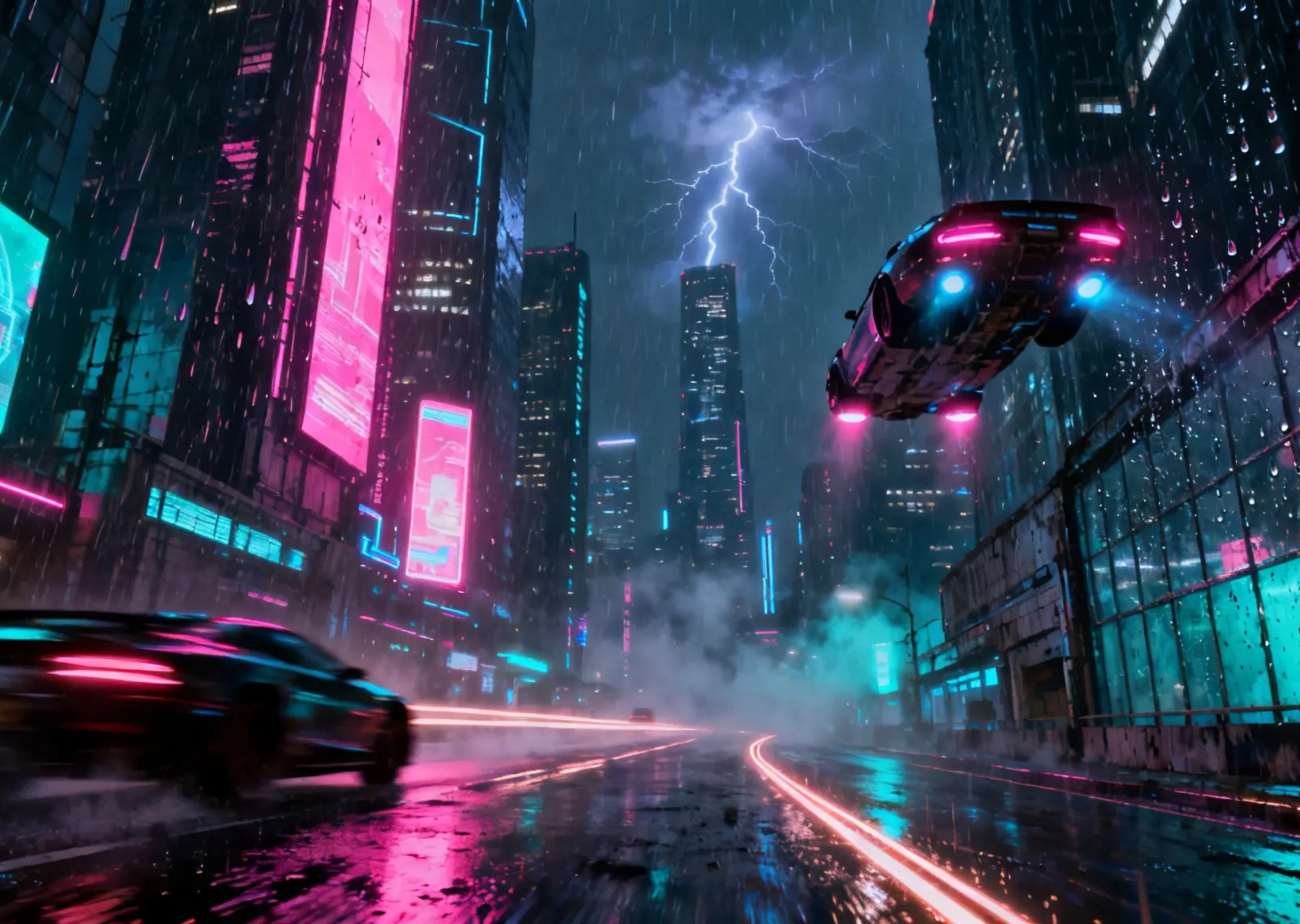 A futuristic city skyline at night