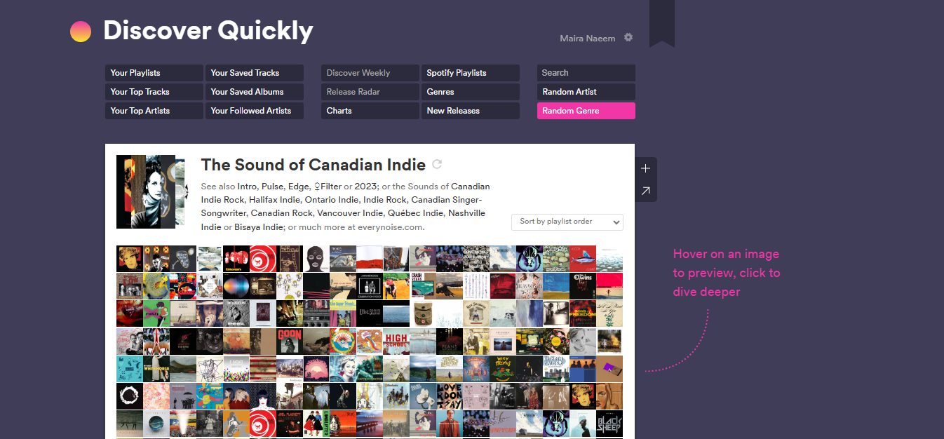 The interface of Discover Quickly - a popular website for Spotify wrapped stats