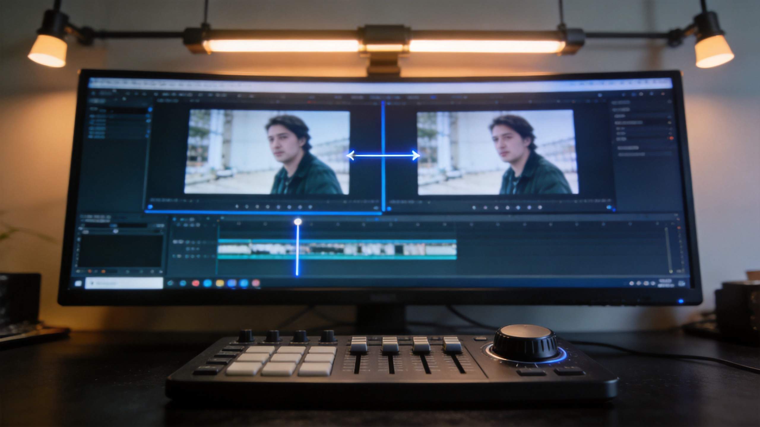 Video editing timeline on a widescreen monitor with the same person shown in two preview panels