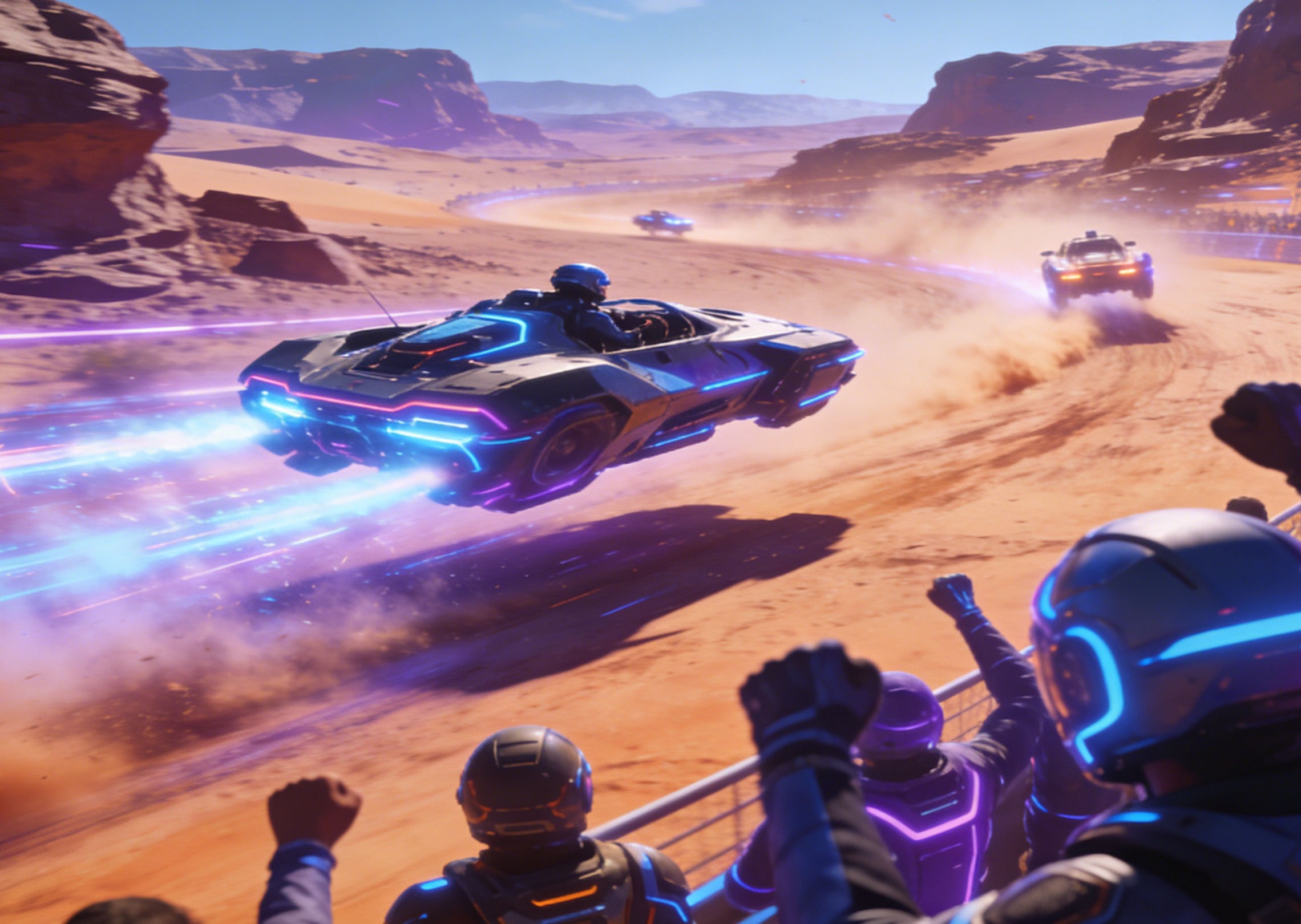 Video de acción de alta velocidad de un torneo de carreras futurista en el desierto