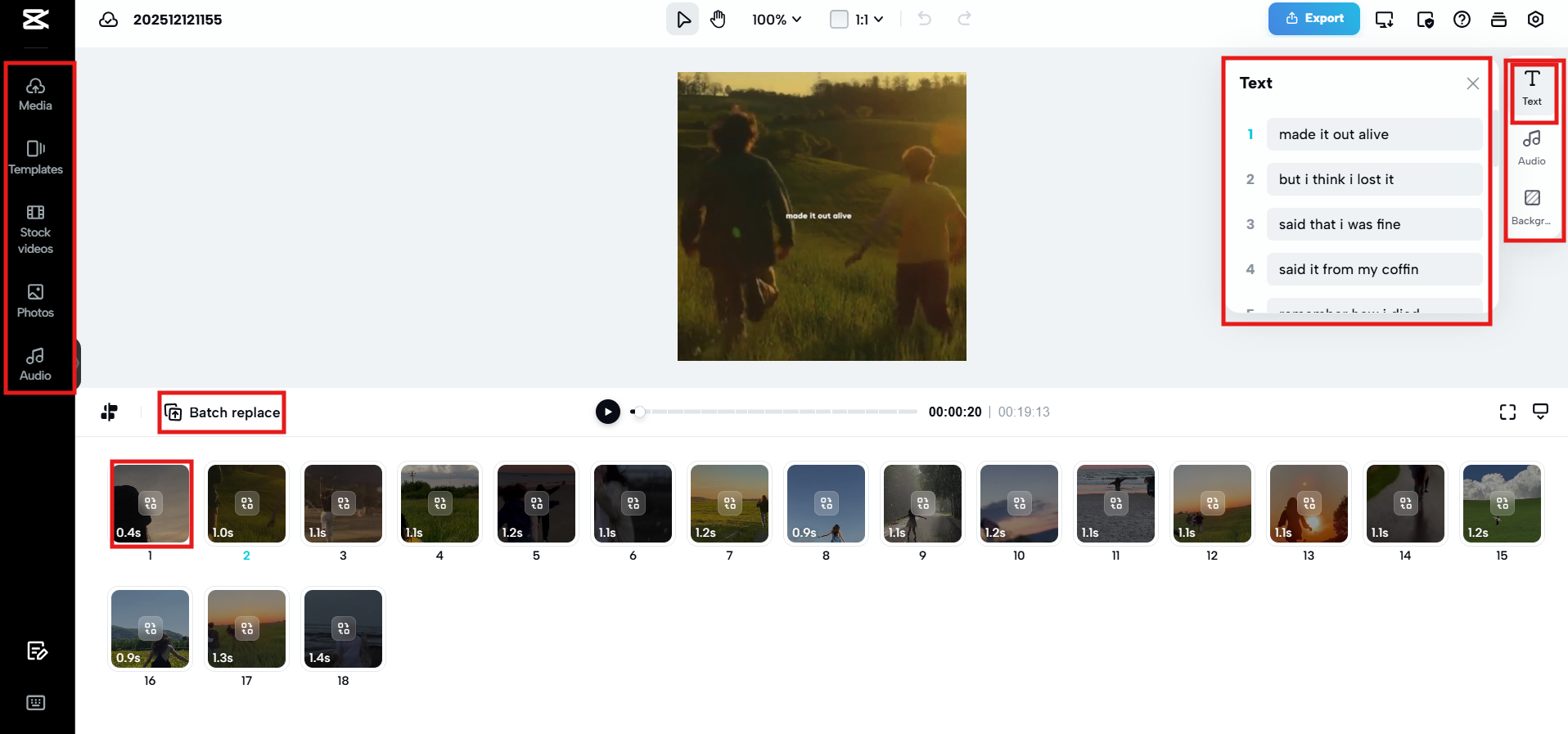 CapCut workspace for uploading and editing clips