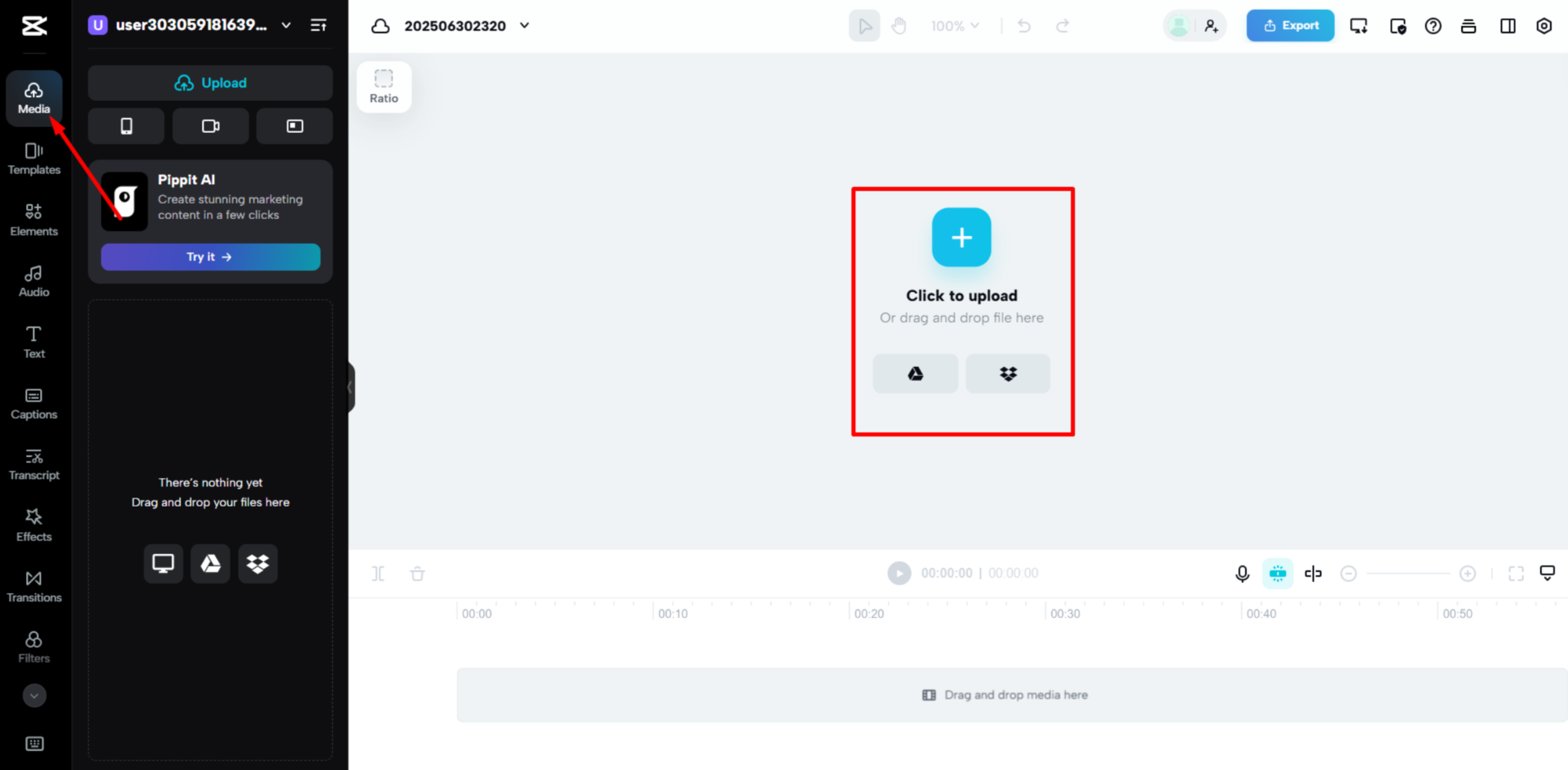 Mengunggah video ke CapCut Web