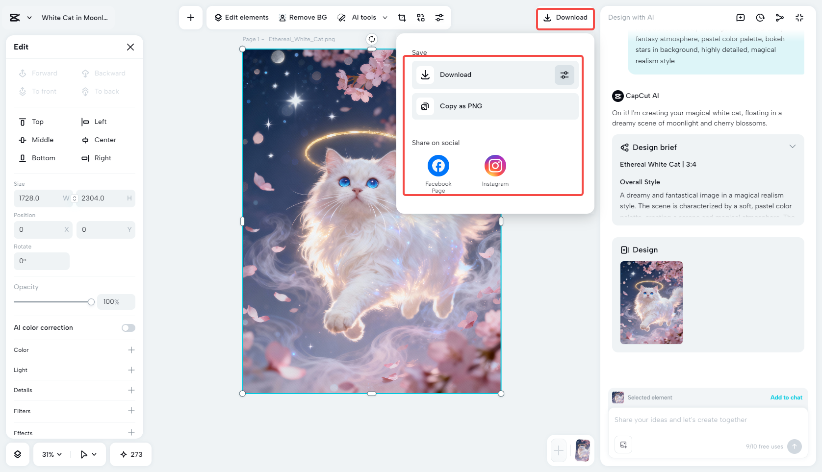 Downloading the AI image in CapCut
