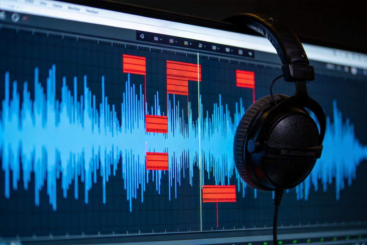 Audio waveform on a video editing timeline with red marked sections and headphones