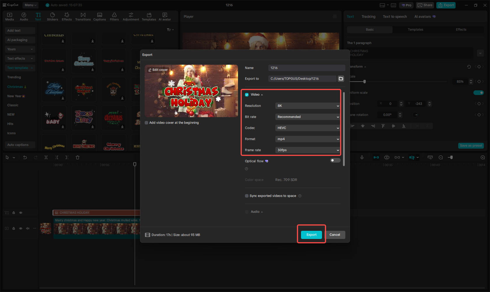 Export your video with captions for Christmas