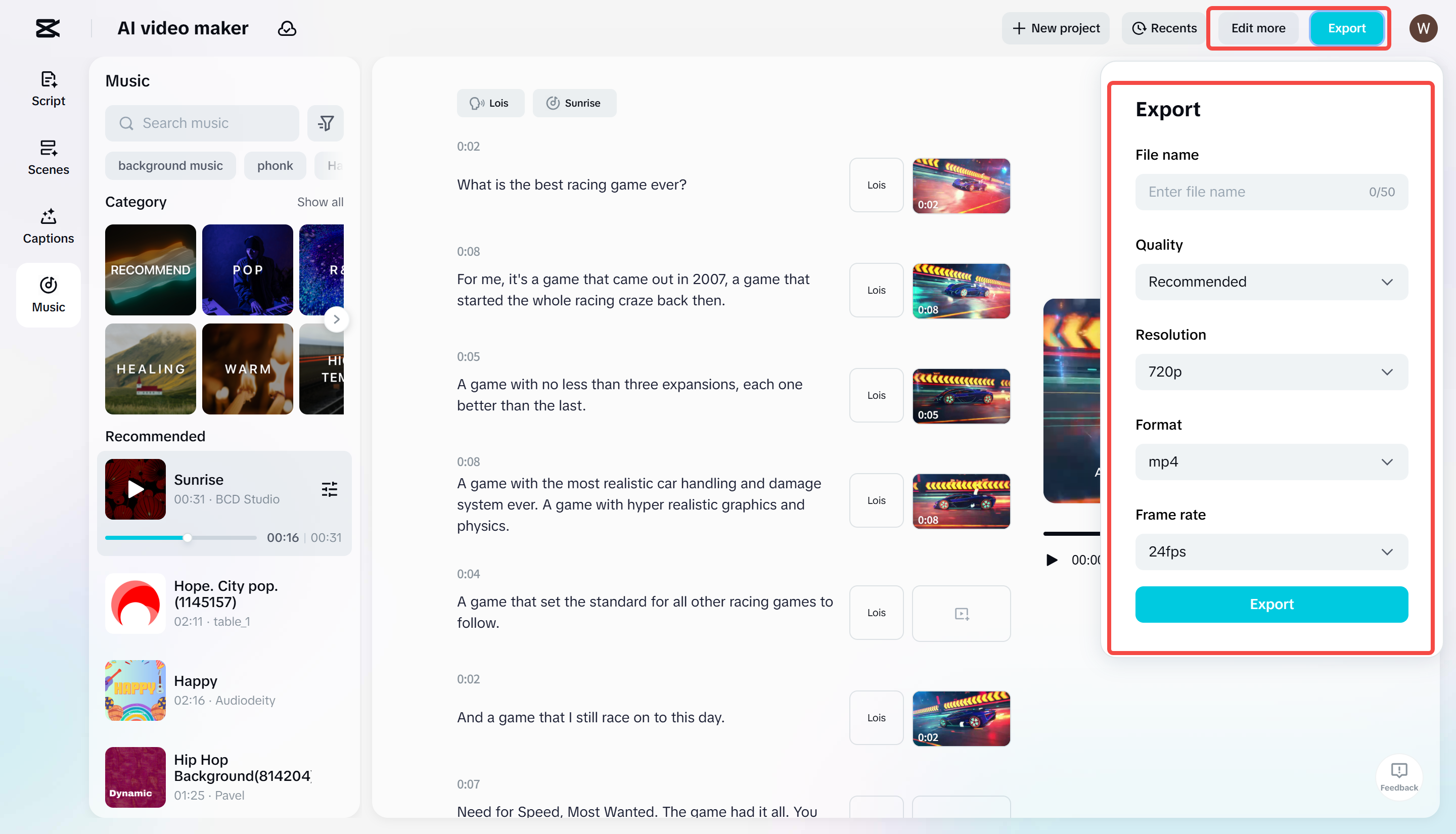 CapCut의 AI 비디오 제작기에서 비디오 내보내기
