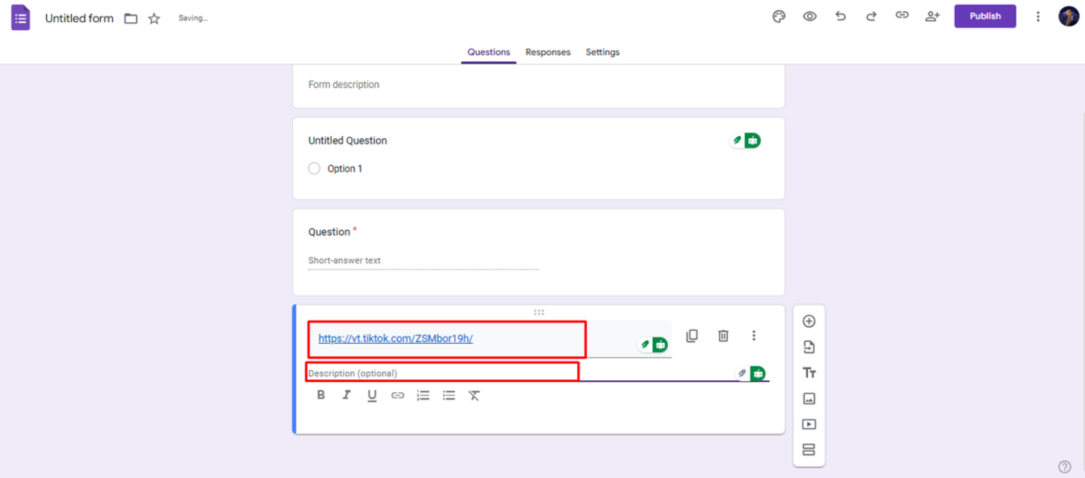A link beillesztése a TikTok Google űrlapon