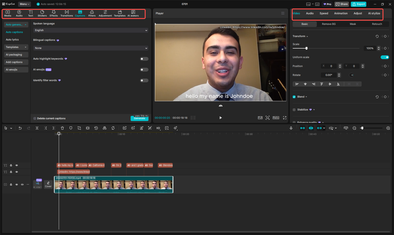Edit the self-intro video for LinkedIn