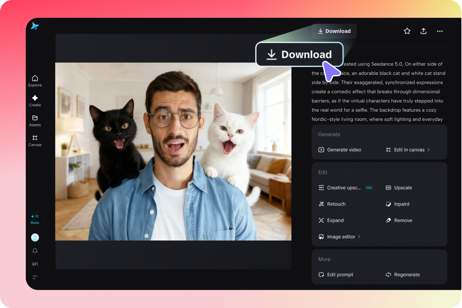 Refine e exporte IA imagens geradas do Dreamina Seedance 5.0