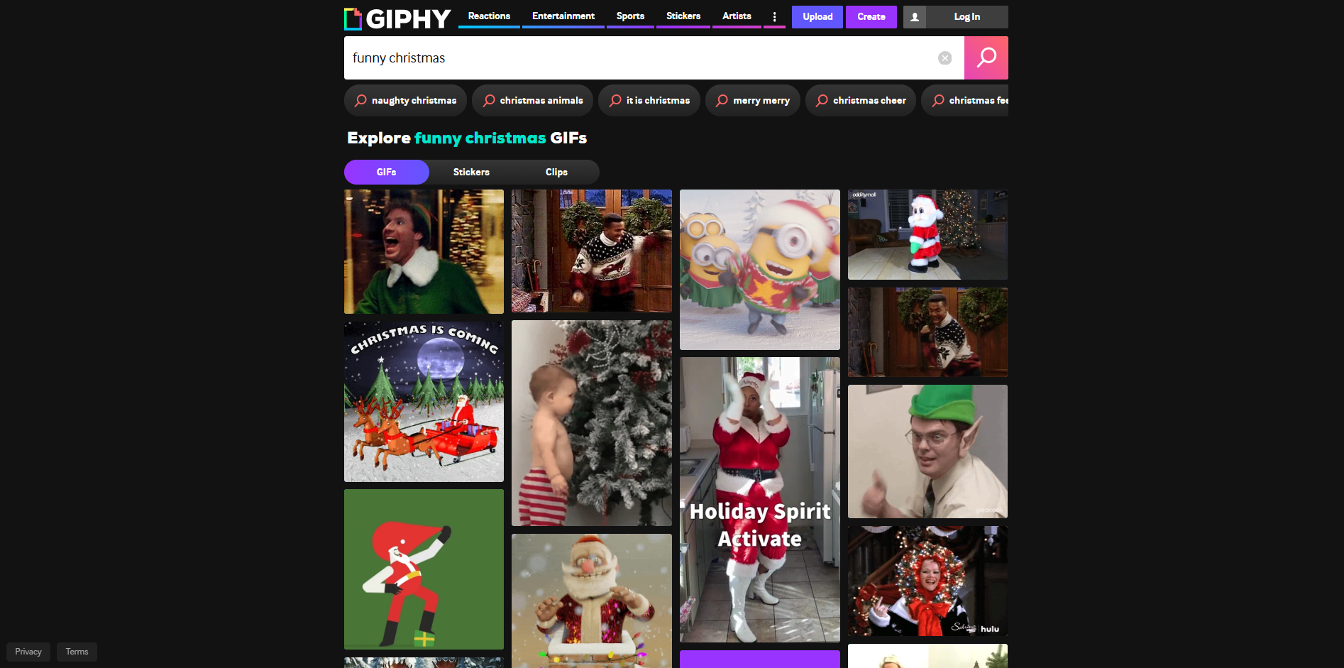 Interface of GIPHY - a website with diverse Christmas memes